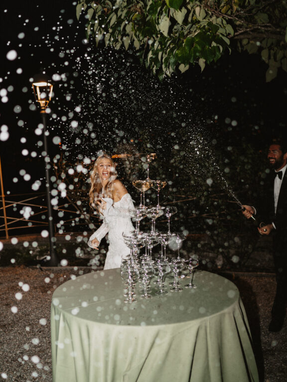 Villa Pizzo | Lago di Como 20 Champagne tower with the bridal couple at Villa Pizzo